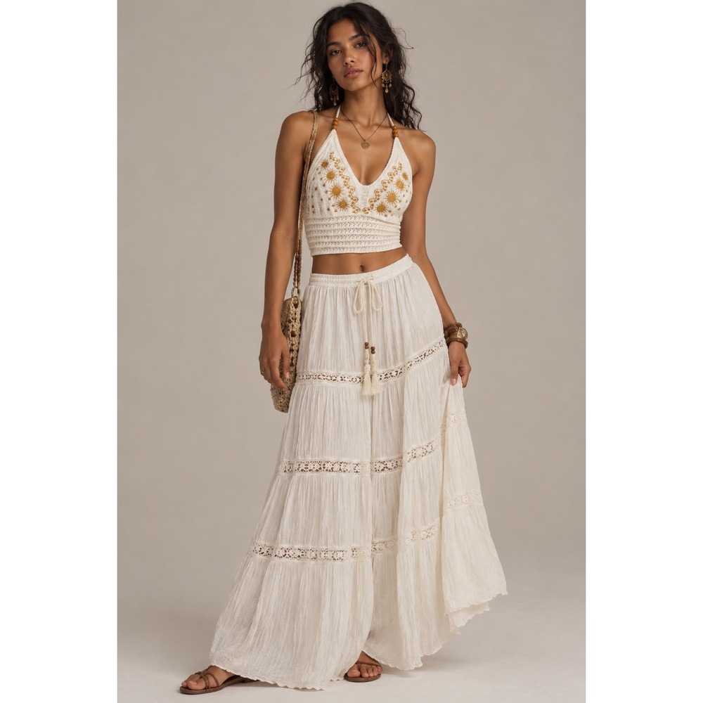 Romwe XL Celestial Sun Embroidered Knit Halter Crop Top Boho Fairycore
